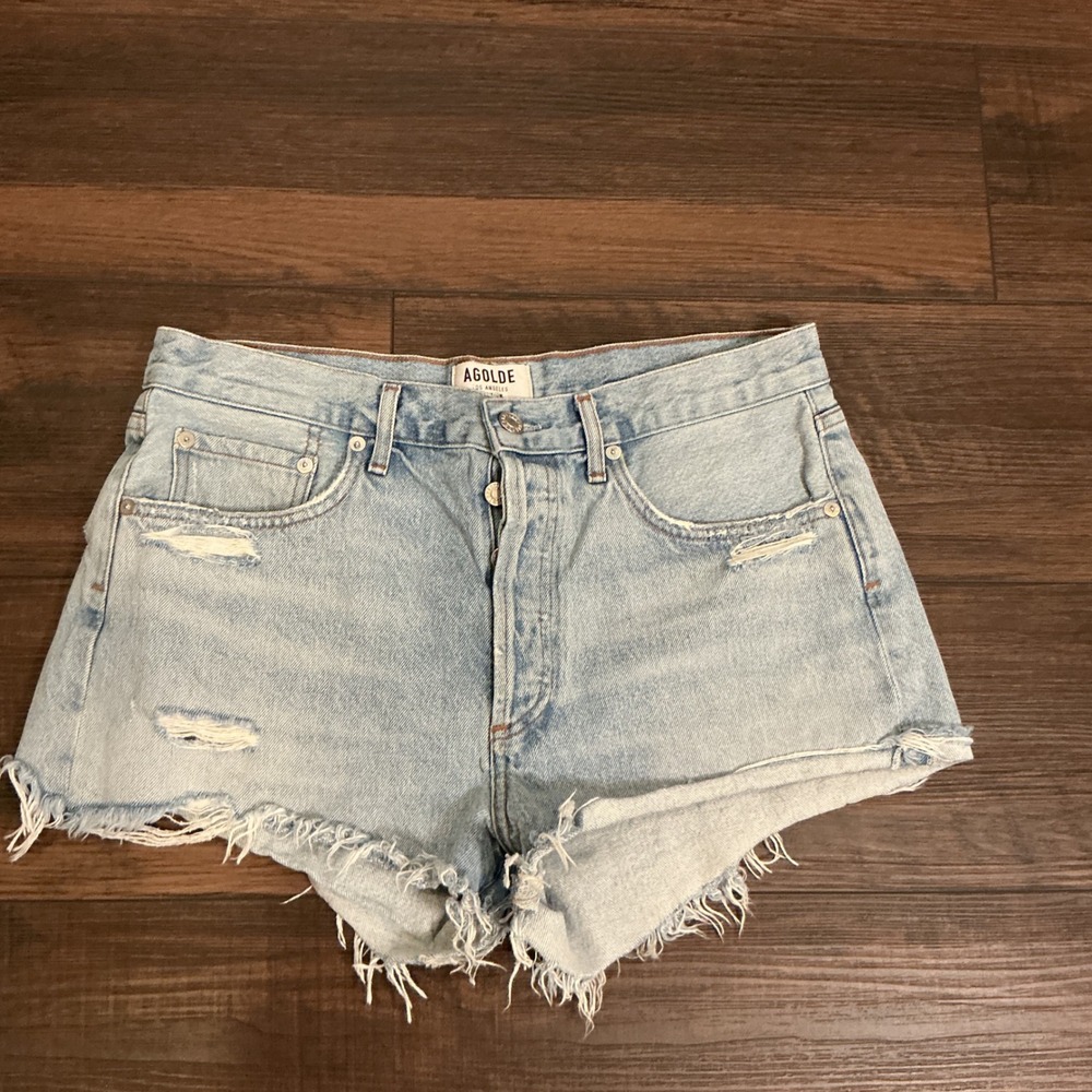 AGOLDE Parker Distressed Denim Shorts Light Wash Frayed Hem Size 29